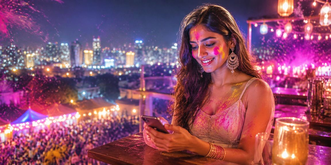 Mobile casino gaming during Holi festival in vibrant colors