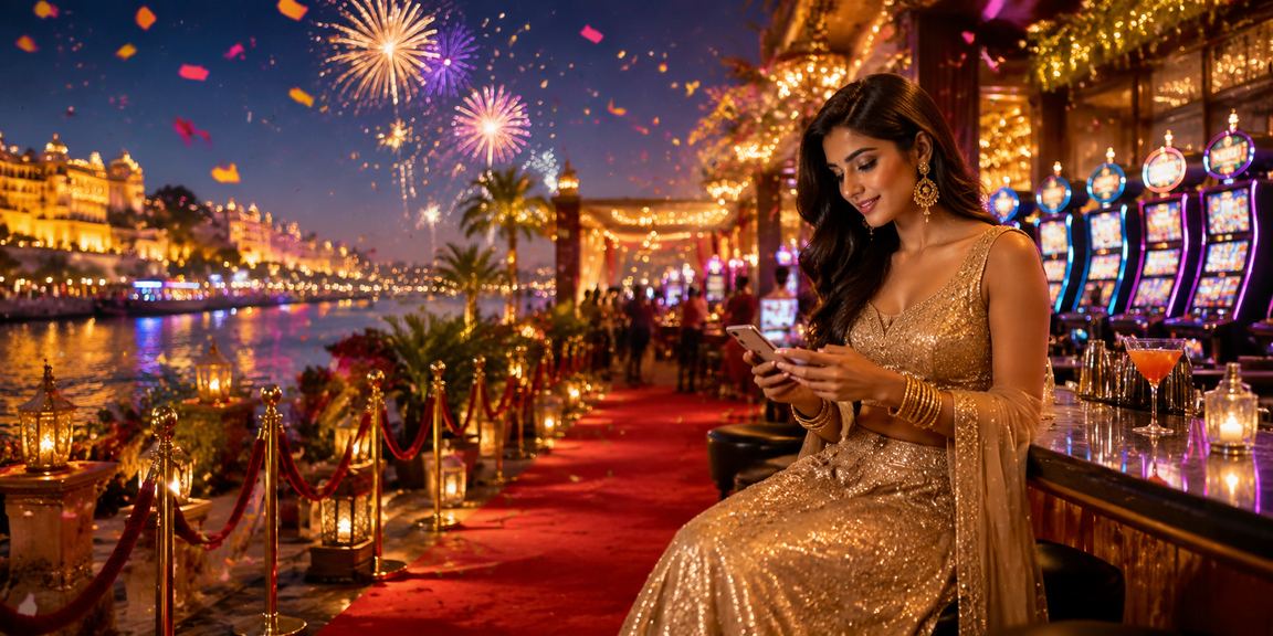 Happy Indian woman playing mobile casino games wearing lehenga