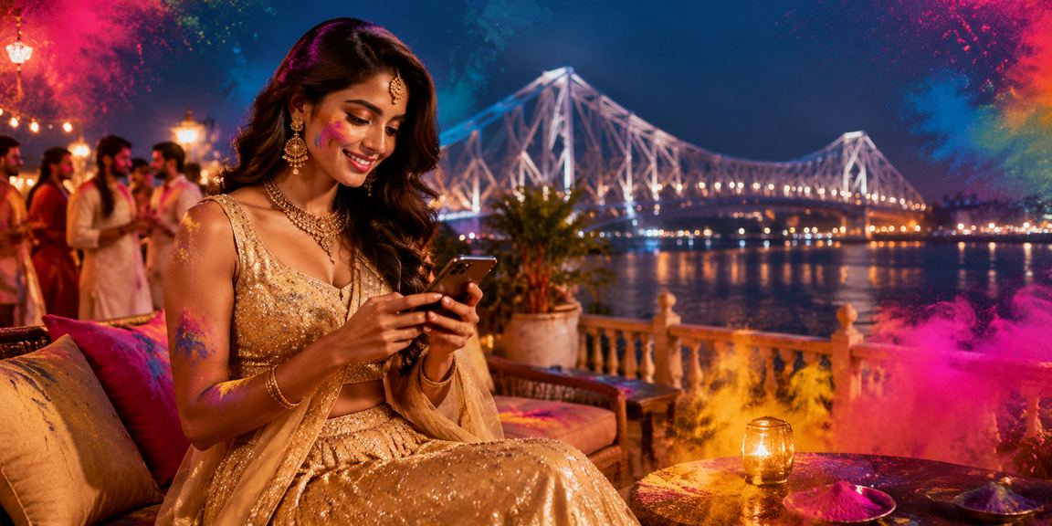 Young woman using phone for betting app in colorful lehenga